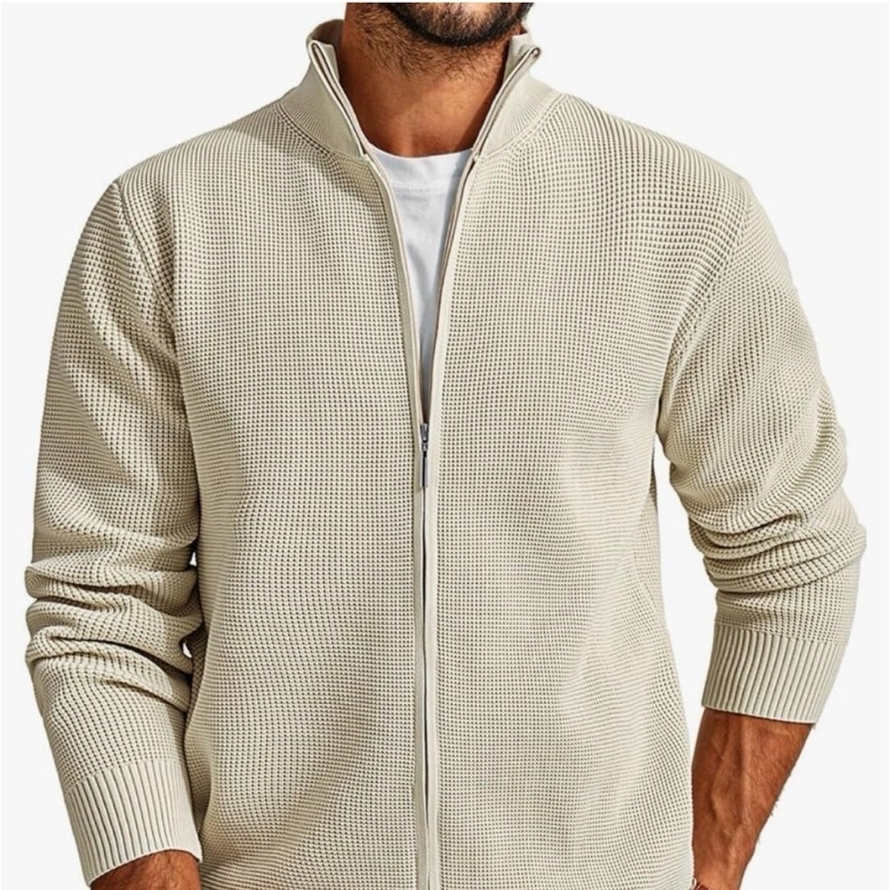 PJ Paul Jones men’s pFull Zip Sweater cream Waffle textured, casual stand collar